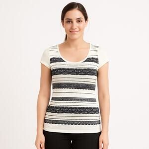 EUC White House Black Market Scoop Neck Lace Stripe Top – S – Ivory/Black W51